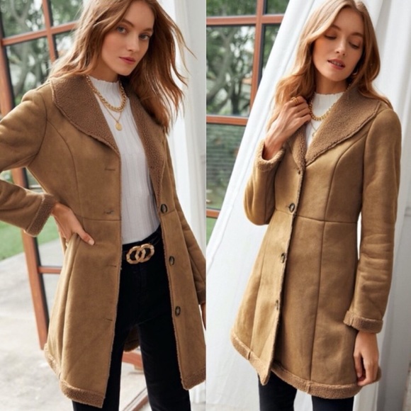 Jackets & Blazers - Camel shearling lined button down vegan fur trench coat jacket